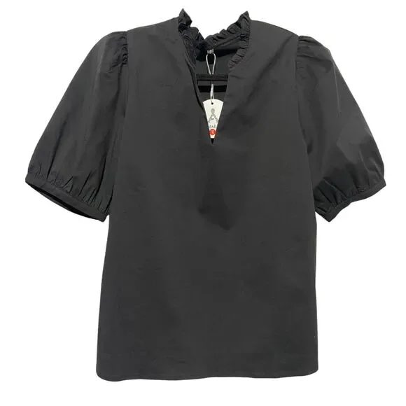 New Black Ruffle V-Neck Puff Sleeve Top Small - Picture 2 of 9